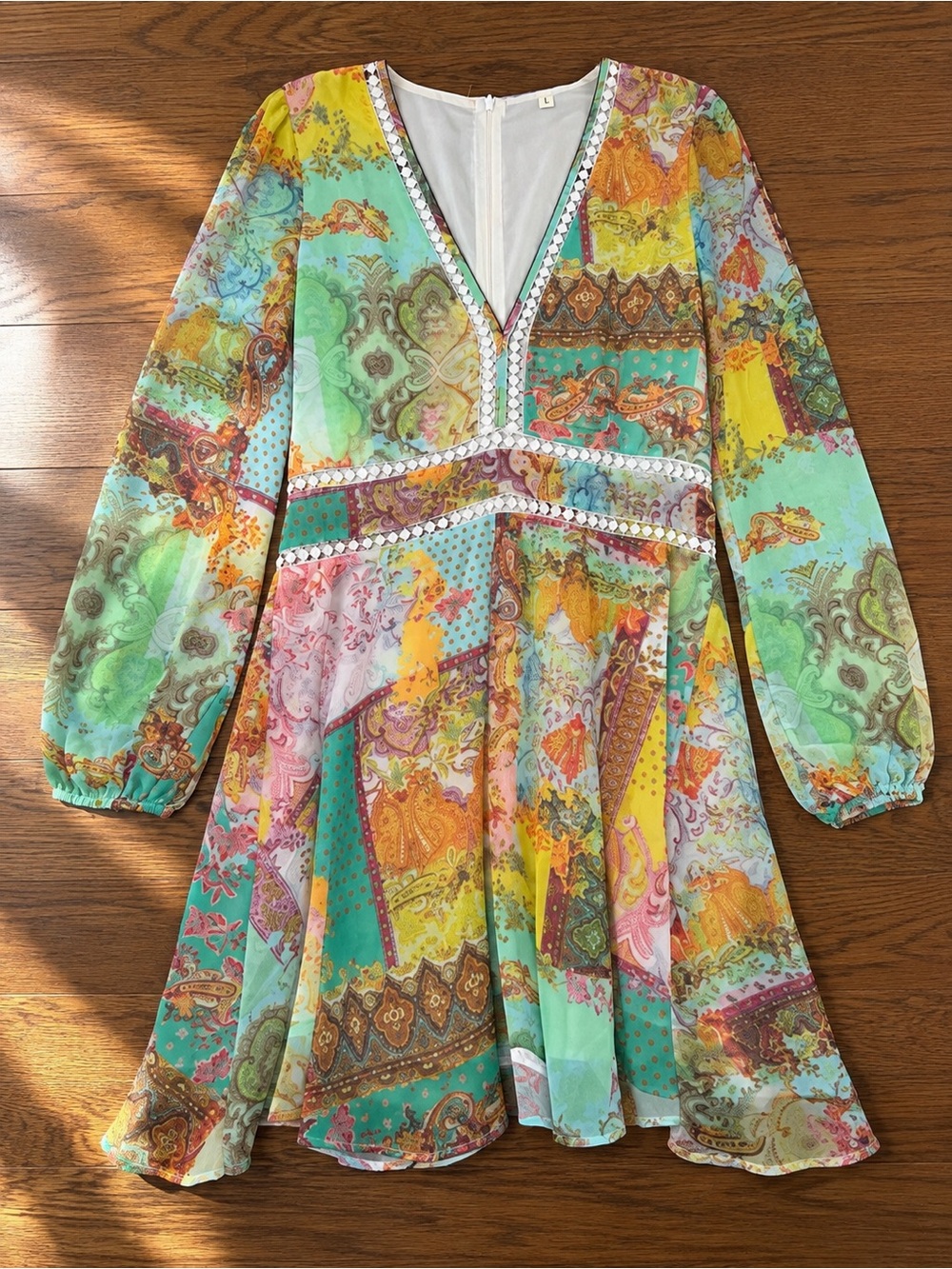 Kara and Kate Multi-Color Paisley V-Neck Long Sleeve Dress Sz L